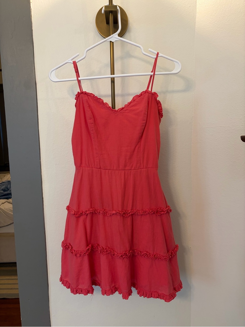 Mi Ami Coral-Pink Ruffled Tiered Spaghetti-Strap Mini Dress